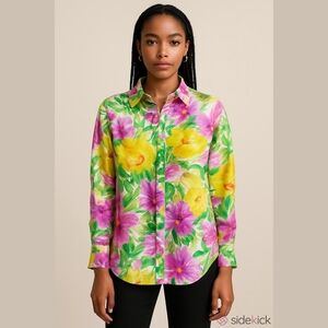 Vintage Joseph Ribkoff Vibrant Colorful Rio Summer Green Pink Button Blouse XXL